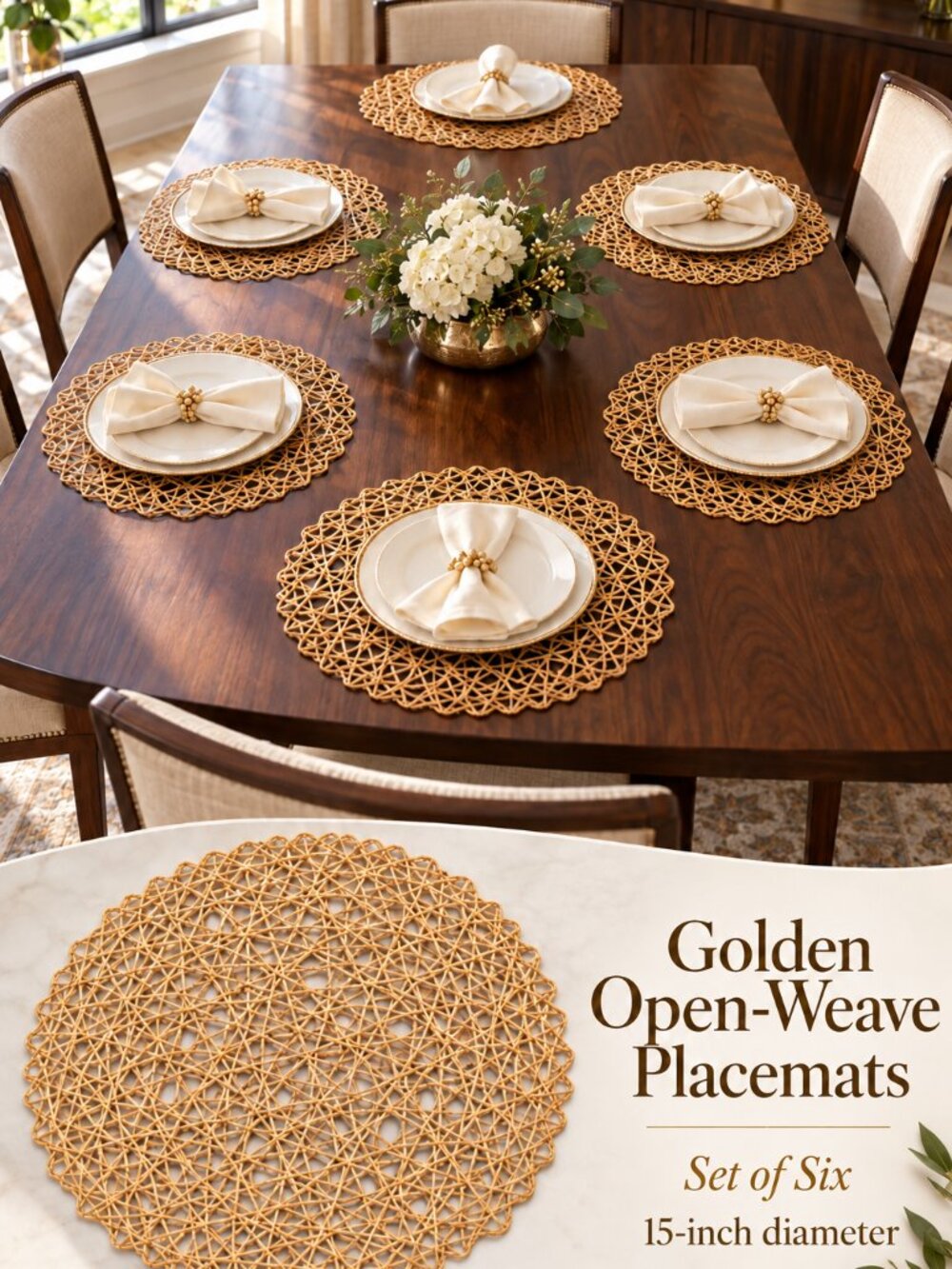 Golden Open-Weave Placemats — Set of Six